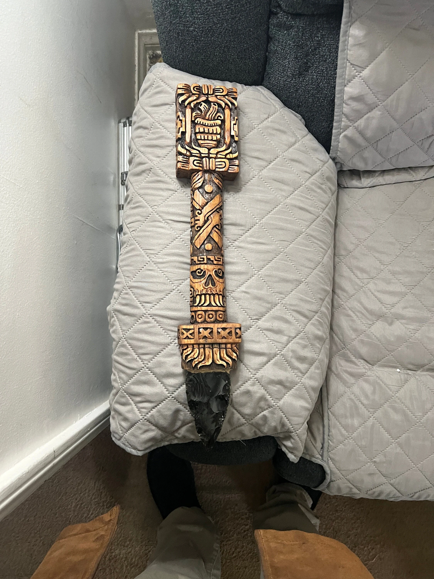 Mictlantecuitli Skulls and Heart Dagger, Aztec Sacrificial Daga, Mexica Ceremonial Knife, Deep Wood Carved, 18.5", Obsidian Blade, Mexico