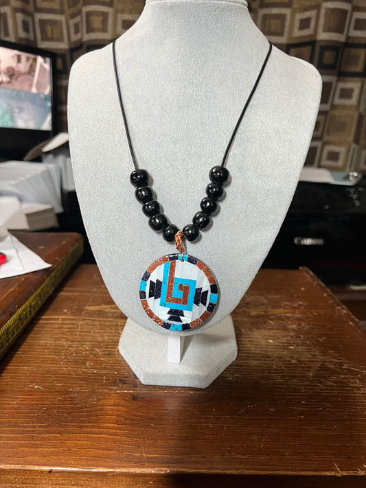 Tenochtitlan Chimalli (Shield) Aztec Symbol Pendant Necklace, Obsidian, Beads, Turquoise, Nacre, Beads, Handmade in Mexico (#15)