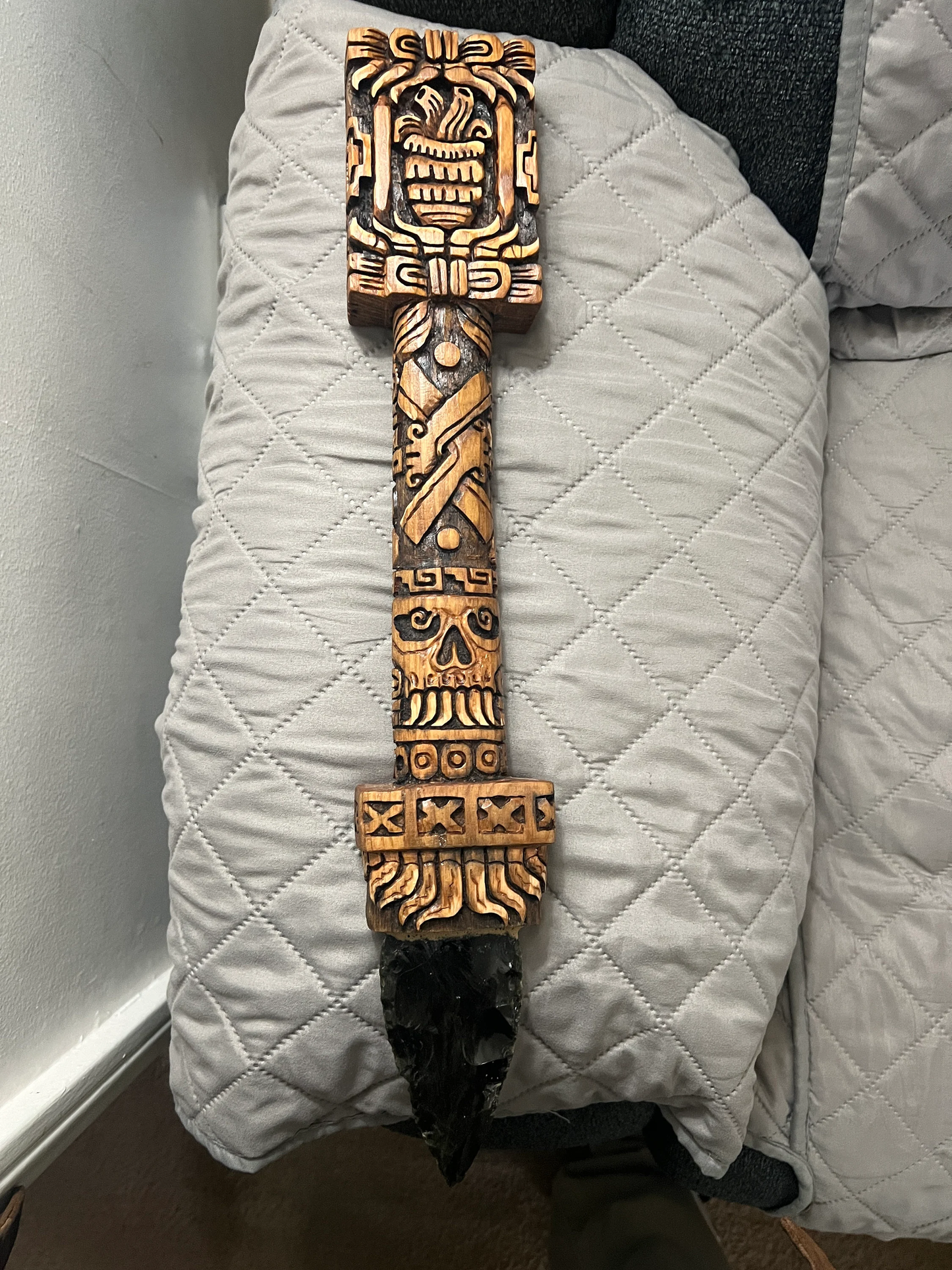 Mictlantecuitli Skulls and Heart Dagger, Aztec Sacrificial Daga, Mexica Ceremonial Knife, Deep Wood Carved, 18.5", Obsidian Blade, Mexico