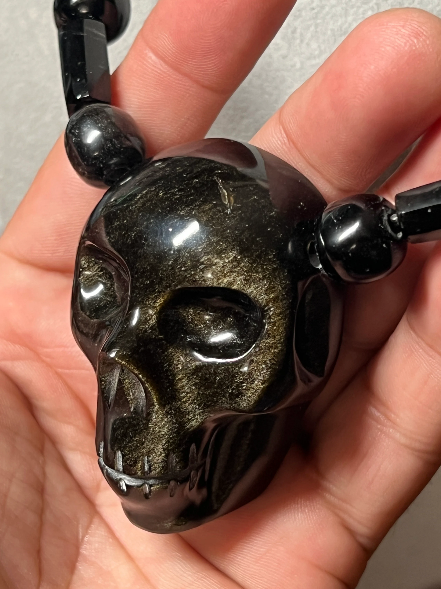 Black Gold Sheen Obsidian Aztec Skull Pendant Necklace, Black Obsidian Beads, Mictlantecuitli, Lord of Underworld, Aztec (#A)