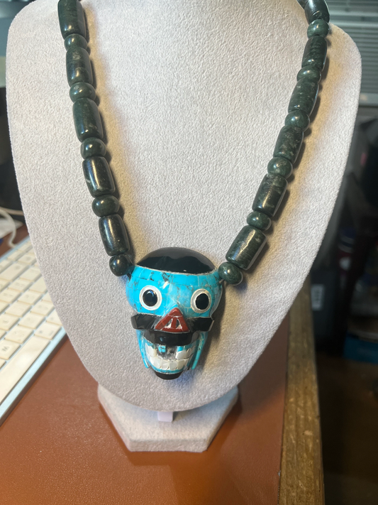 Large Tezcatlipoca Obsidian, Obsidian, Turquoise, Red Coral, Mother of Pearl and Jade Necklace, Vintage Version, Aztec, Mexica (C-ED3)