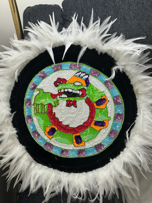 Chimalli Quetzalcoatl Azteca Danza Shield, Embroidered, Sequins, Kukulkan Mayan Plumed Serpent, Feathered Serpent Pow Wow, Mitotoliztli 20"