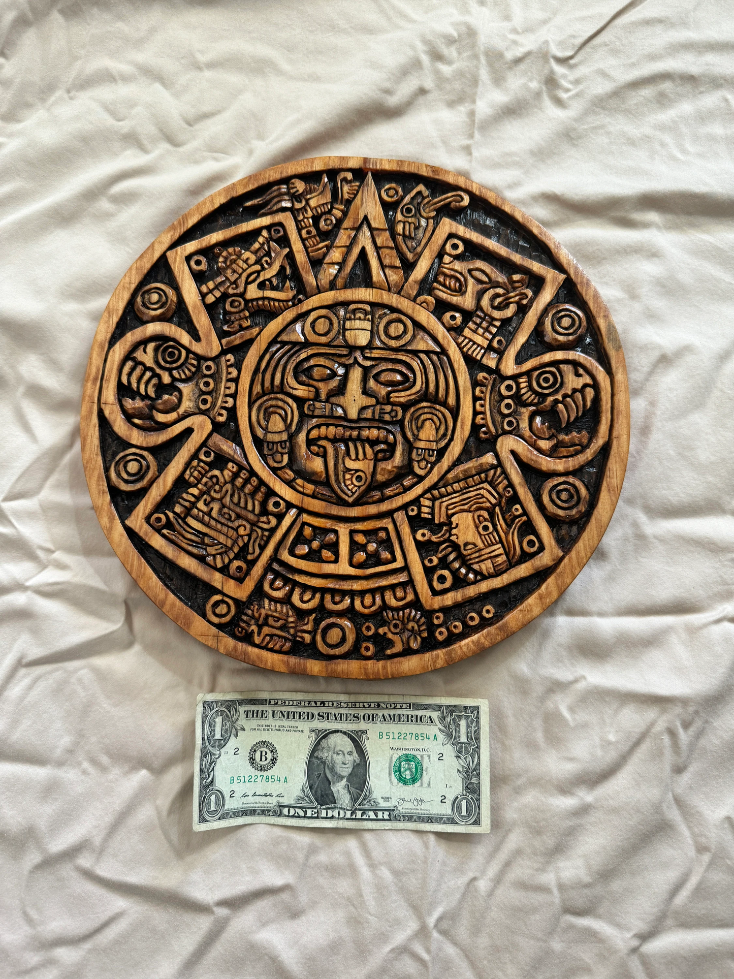 Wood Carved Tonatiuh Aztec Sun God Plaque, Disc, Mexico 12", Aztec calendar face, Mexican Art, Ancient Mexico Indians, Sol, Sacrifice
