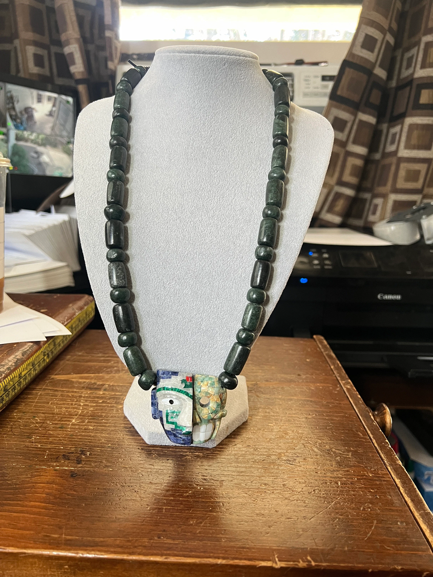 Life and Death Aztec Death Mask Necklace, Jade, Mother of Pearl, Parakeet Jade, Blue Soladite, Obsidian, 28" Necklace, Mayan (#15)