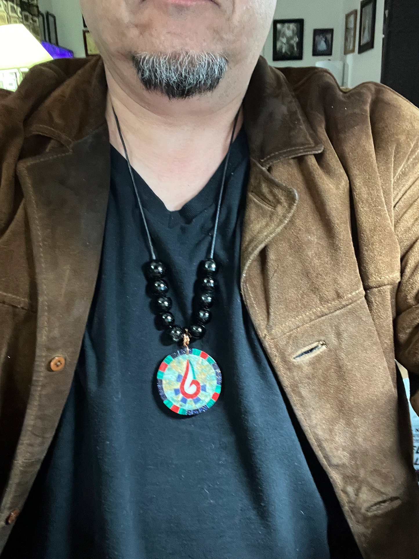 Tenochtitlan Ute-Azteca Nahuatl Speech Symbol Pendant Necklace, Obsidian, Beads, Parakeet Turquoise, Nacre, Coral, Handmade in Mexico (#15)