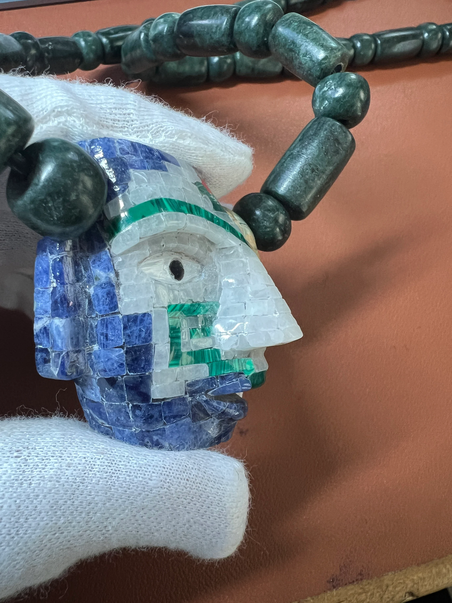 Life and Death Aztec Death Mask Necklace, Jade, Mother of Pearl, Parakeet Jade, Blue Soladite, Obsidian, 28" Necklace, Mayan (#15)