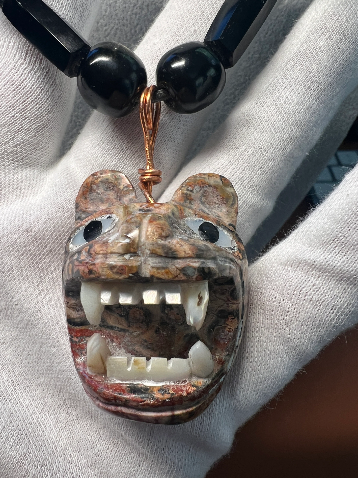 Jaguar Pendant Chalcedony Stone, White Abalone Shell, Obsidian Beaded Necklace, Aztec, Mexica, Mayan, 26 plus in. long, Rare, Mexico (#13)