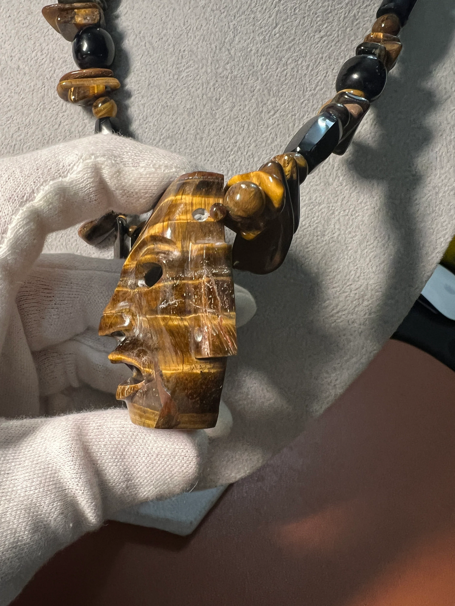 Large Teotihuacan Face Mask Tiger Eye Stone Pendant Necklace, 20", Obsidian Beads, Handmade, Ritual Necklace Rare, Golden, Aztec, Maya (#15)