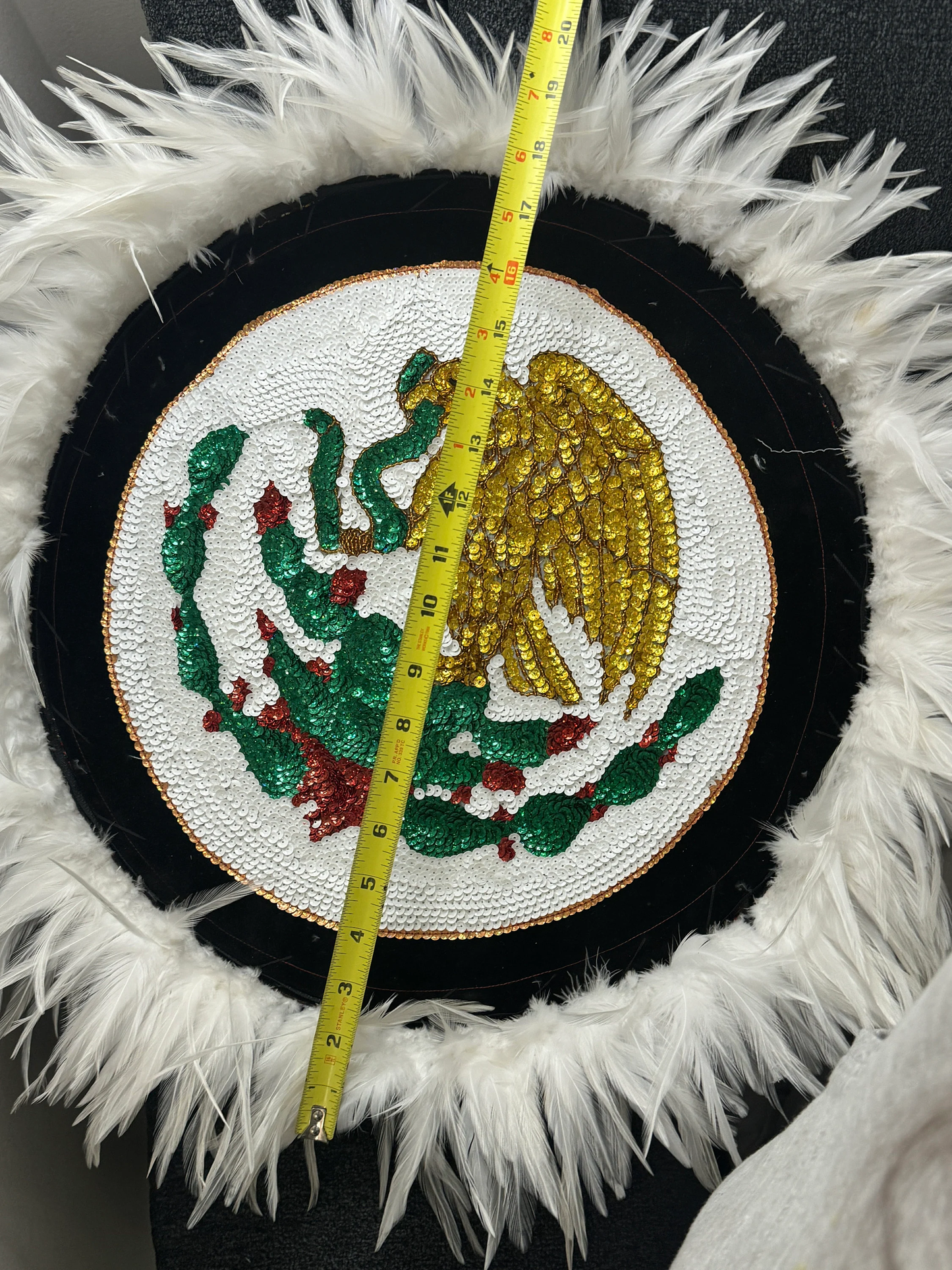 Copy of Chimalli Mexico Mictlantecuitli AztecaChimalli Mexico Eagle Cactus Snake Azteca Danza Shield, Embroidered, Sequins, Handmade, Mexican, White Feathers,  Pow Wow, Mitotoliztli 20"