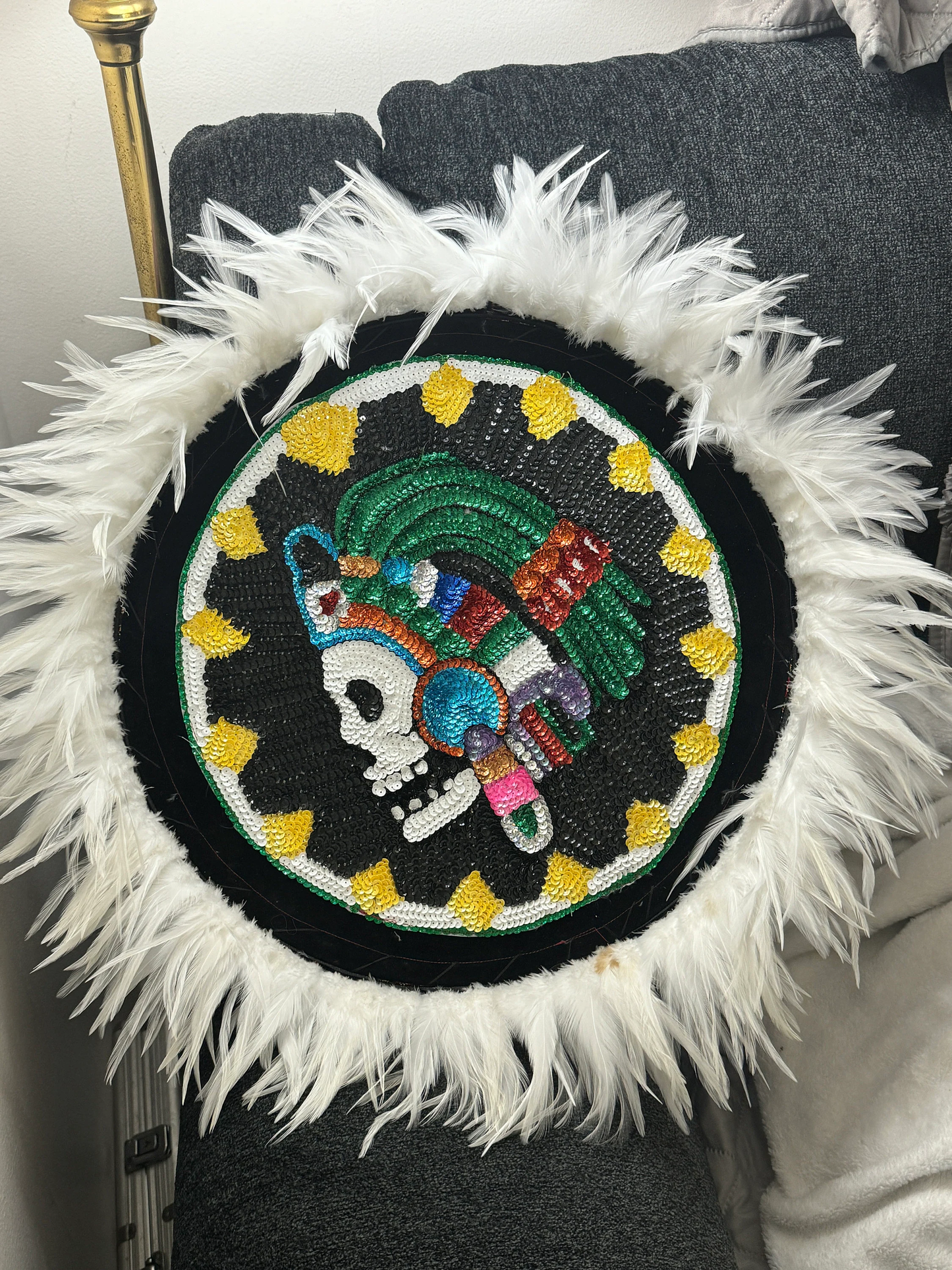 Chimalli Mexico Mictlantecuitli Azteca Danza Shield, Embroidered, Sequins, Skull, Handmade, Mexican, Pow Wow, Netotoliztli 22"