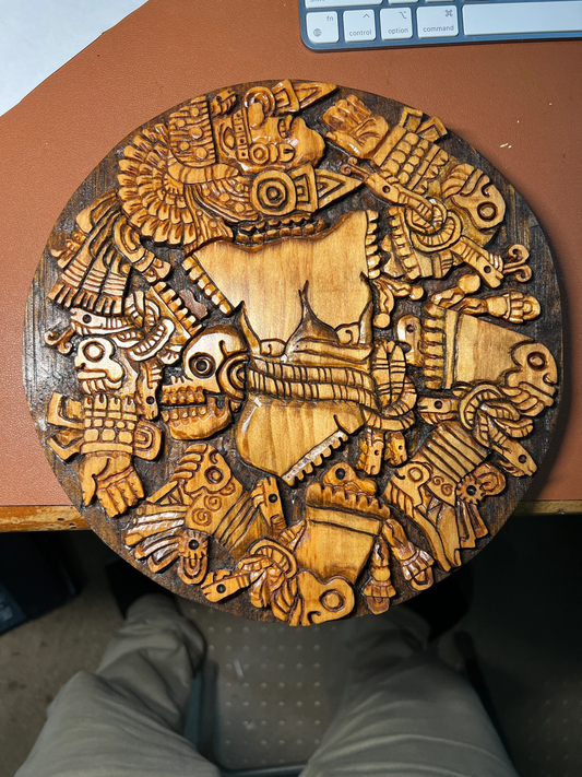 Wood Carved Coyolxauhqui Wall Plaque, Mexico, Disc, Indigenous Artesian Wooden Carvings Pagan Moon Goddess, Aztec Mexica Mexican Culture