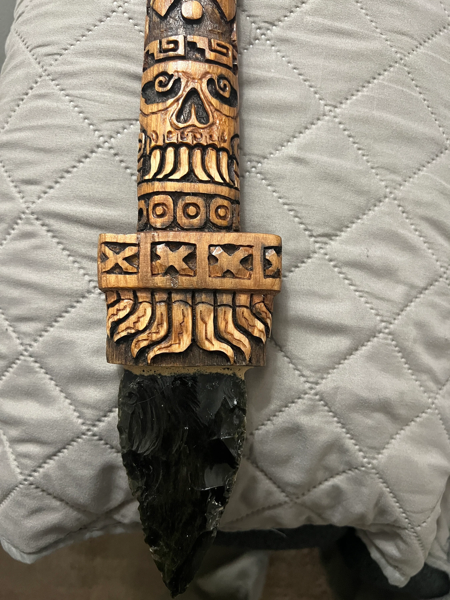 Mictlantecuitli Skulls and Heart Dagger, Aztec Sacrificial Daga, Mexica Ceremonial Knife, Deep Wood Carved, 18.5", Obsidian Blade, Mexico