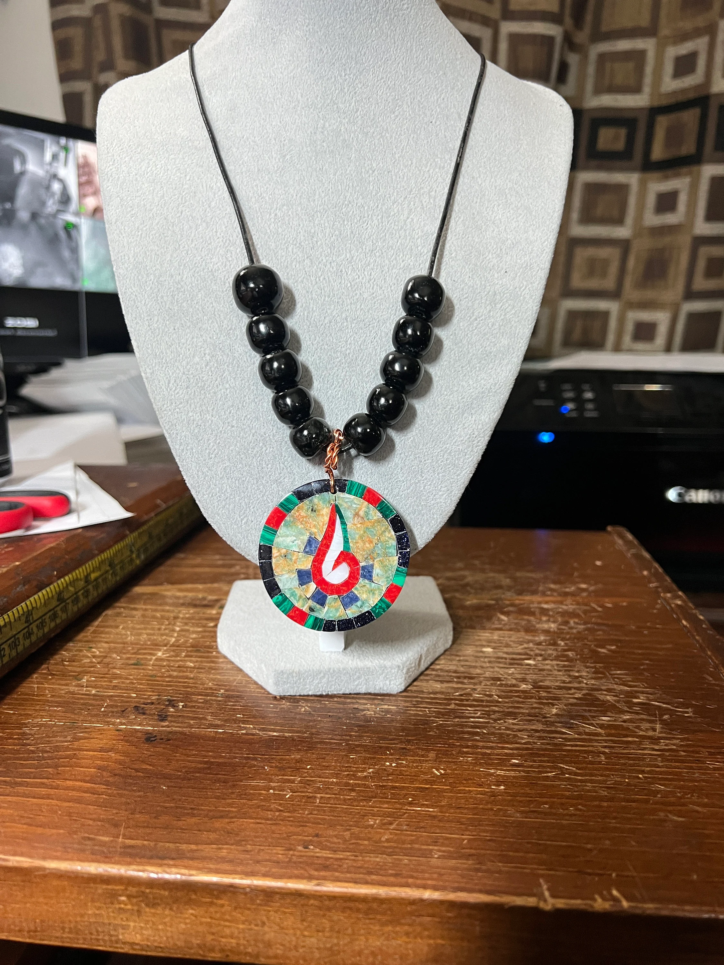 Tenochtitlan Ute-Azteca Nahuatl Speech Symbol Pendant Necklace, Obsidian, Beads, Parakeet Turquoise, Nacre, Coral, Handmade in Mexico (#15)