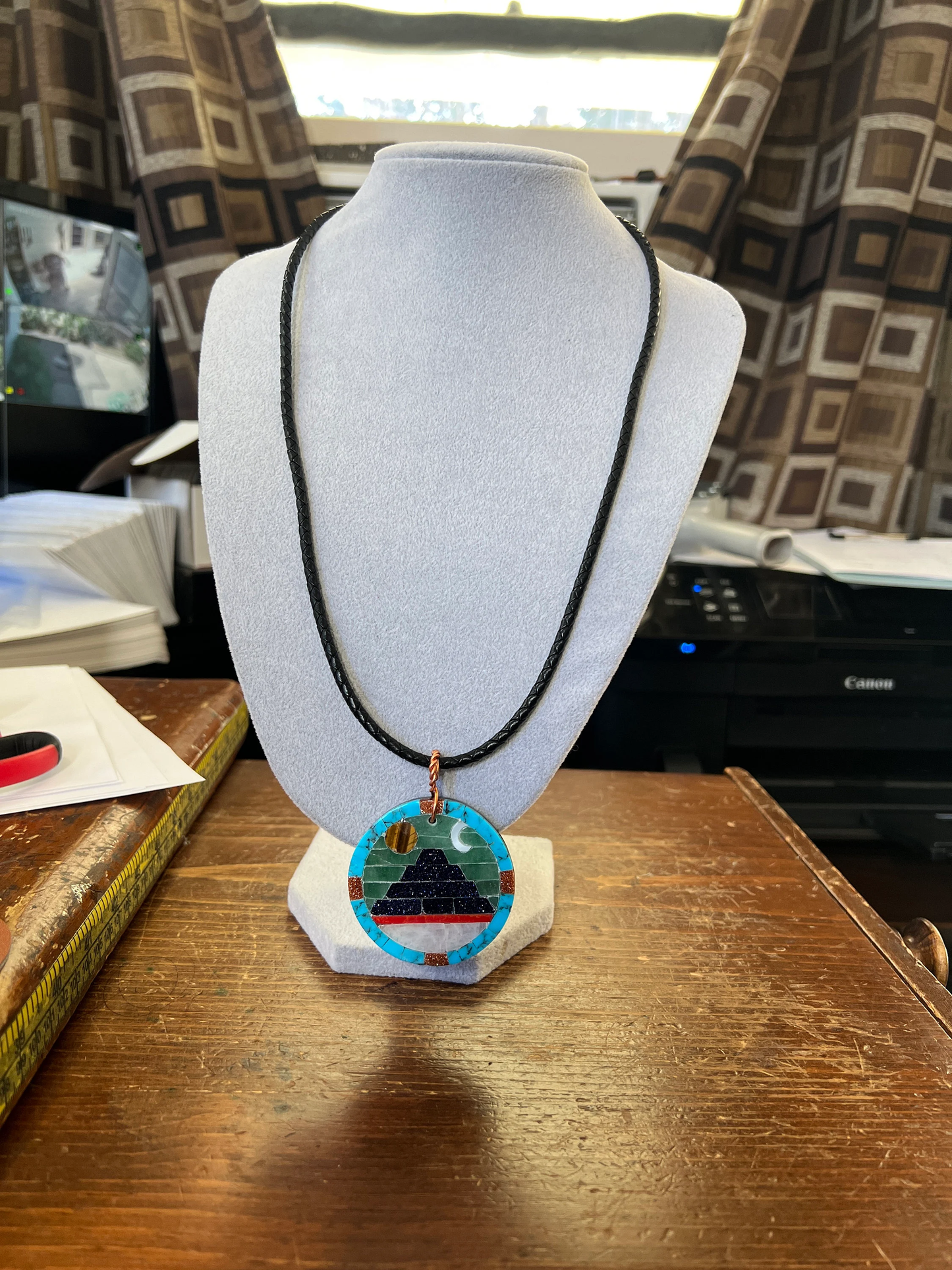 Teotihuacan Pyramid Pendant Necklace, Obsidian Tiger Eye Turquoise, Handmade in Mexico (#15)