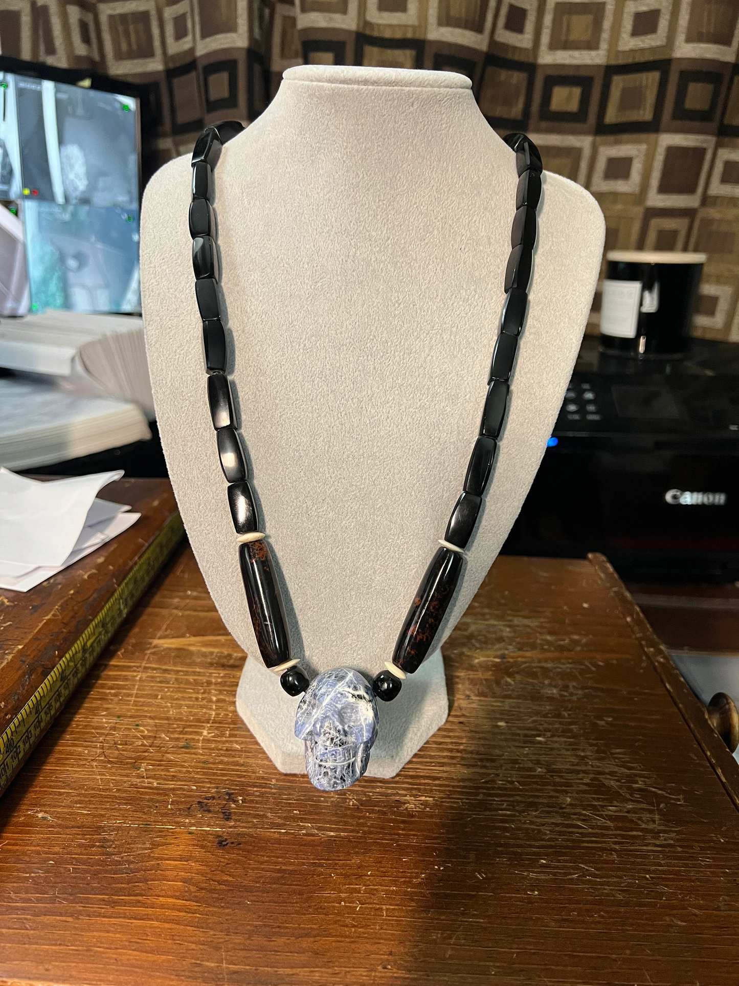 The Blue Skull Pendant, Sodalite Azul, Mahagany and Black Obsidian, one of a kind Necklace, indigenous made in Mexico, 28 plus in. (#18))