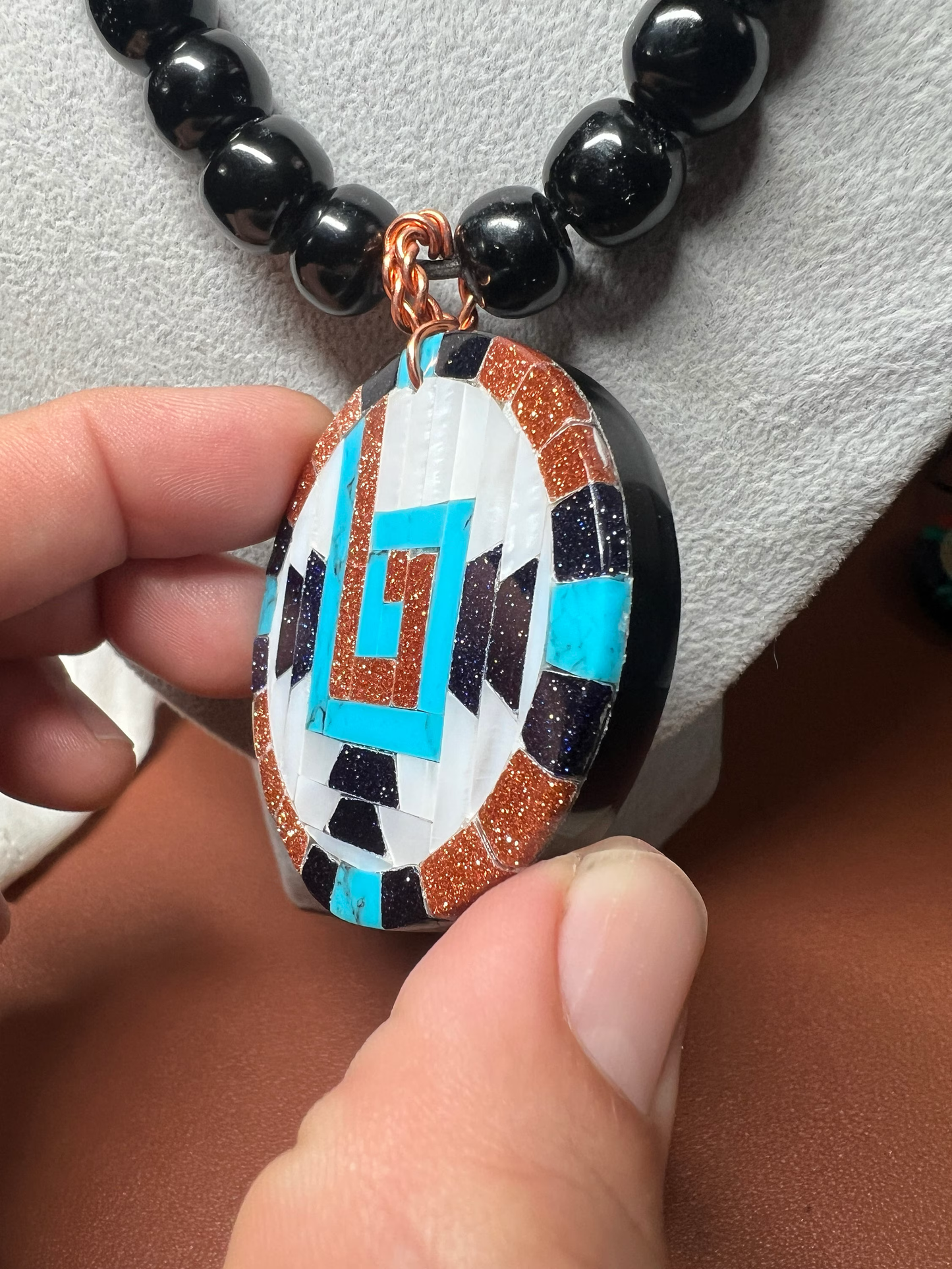 Tenochtitlan Chimalli (Shield) Aztec Symbol Pendant Necklace, Obsidian, Beads, Turquoise, Nacre, Beads, Handmade in Mexico (#15)