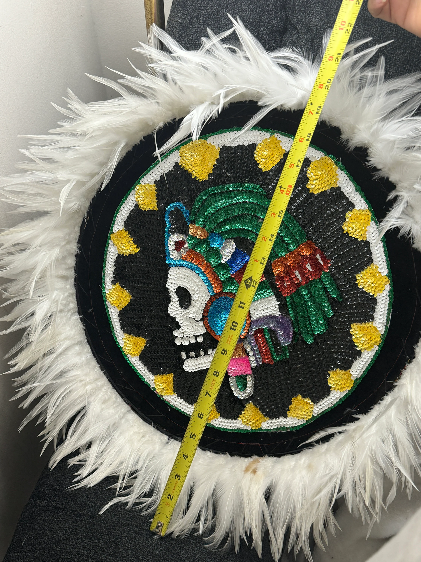 Chimalli Mexico Mictlantecuitli Azteca Danza Shield, Embroidered, Sequins, Skull, Handmade, Mexican, Pow Wow, Netotoliztli 22"