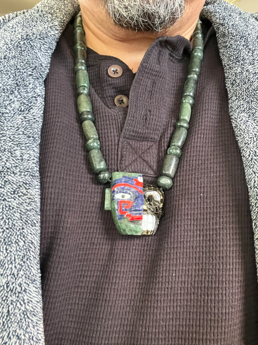 Life and Death Aztec Death Mask Necklace, Jade, Mother of Pearl, Black Gold Obsidian, 27" plus Adjustable Necklace, Mayan, Mexican (#13)