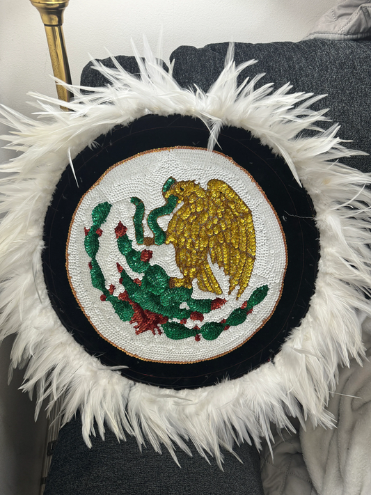 Copy of Chimalli Mexico Mictlantecuitli AztecaChimalli Mexico Eagle Cactus Snake Azteca Danza Shield, Embroidered, Sequins, Handmade, Mexican, White Feathers,  Pow Wow, Mitotoliztli 20"