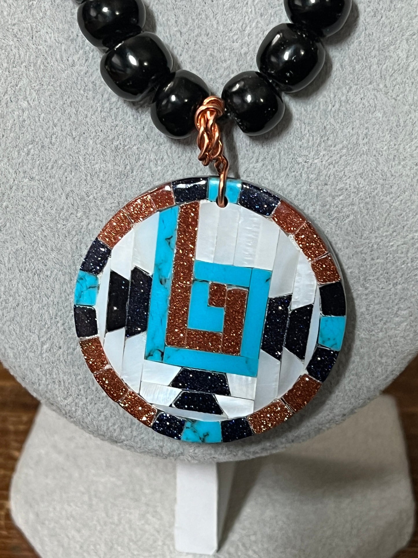 Tenochtitlan Chimalli (Shield) Aztec Symbol Pendant Necklace, Obsidian, Beads, Turquoise, Nacre, Beads, Handmade in Mexico (#15)