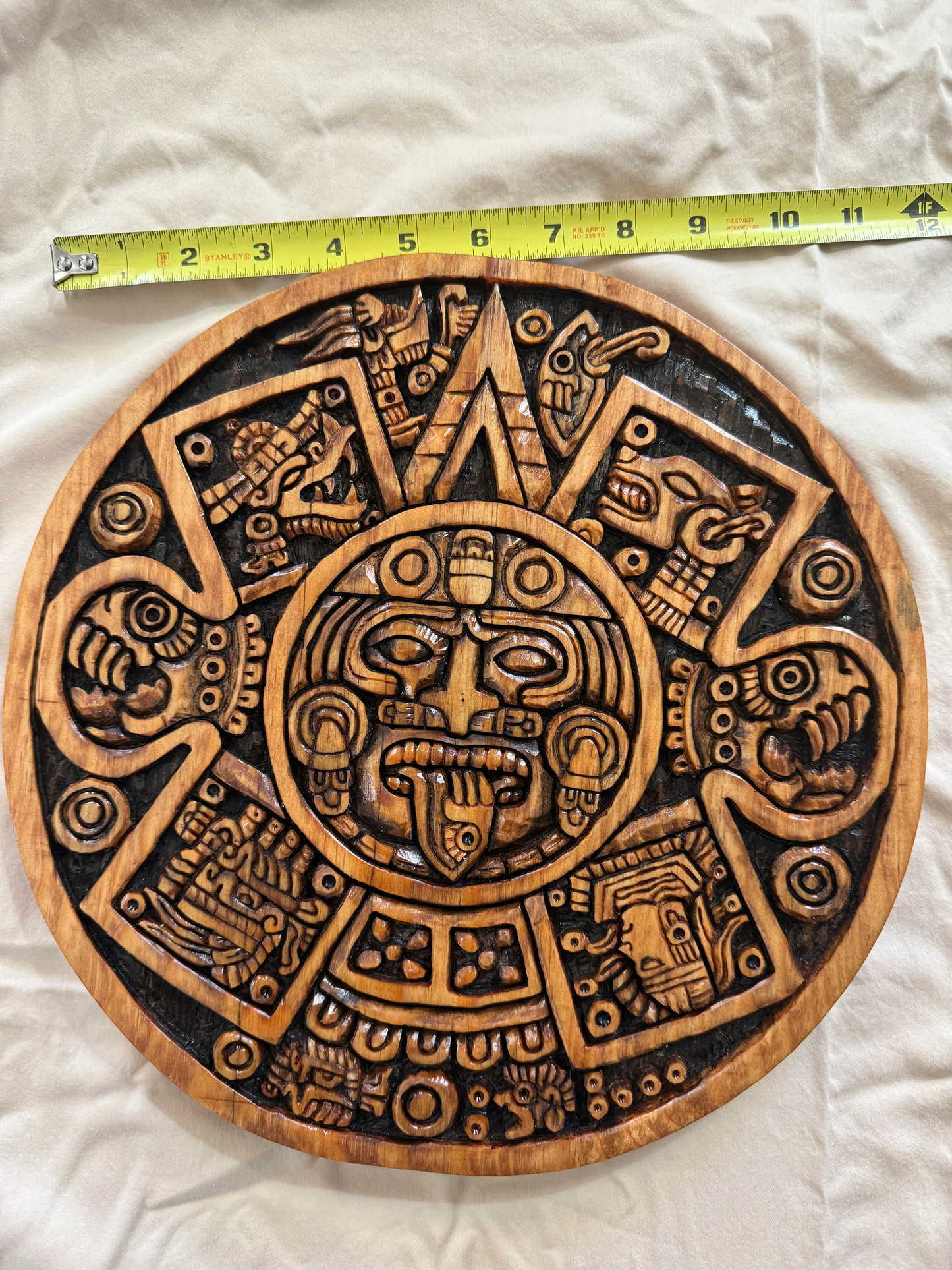 Wood Carved Tonatiuh Aztec Sun God Plaque, Disc, Mexico 12", Aztec calendar face, Mexican Art, Ancient Mexico Indians, Sol, Sacrifice
