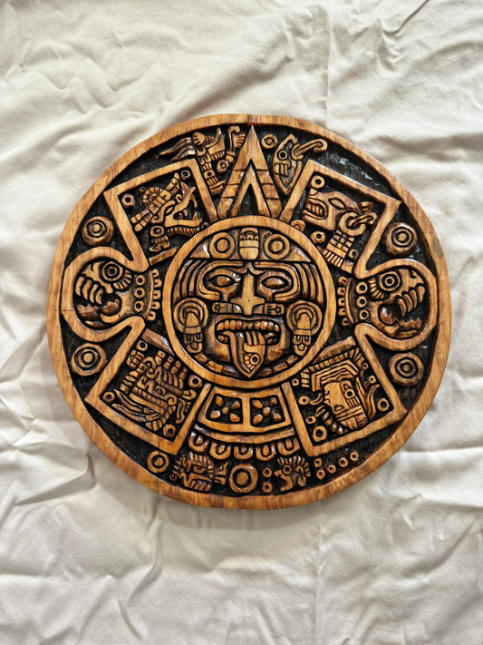 Wood Carved Tonatiuh Aztec Sun God Plaque, Disc, Mexico 12", Aztec calendar face, Mexican Art, Ancient Mexico Indians, Sol, Sacrifice