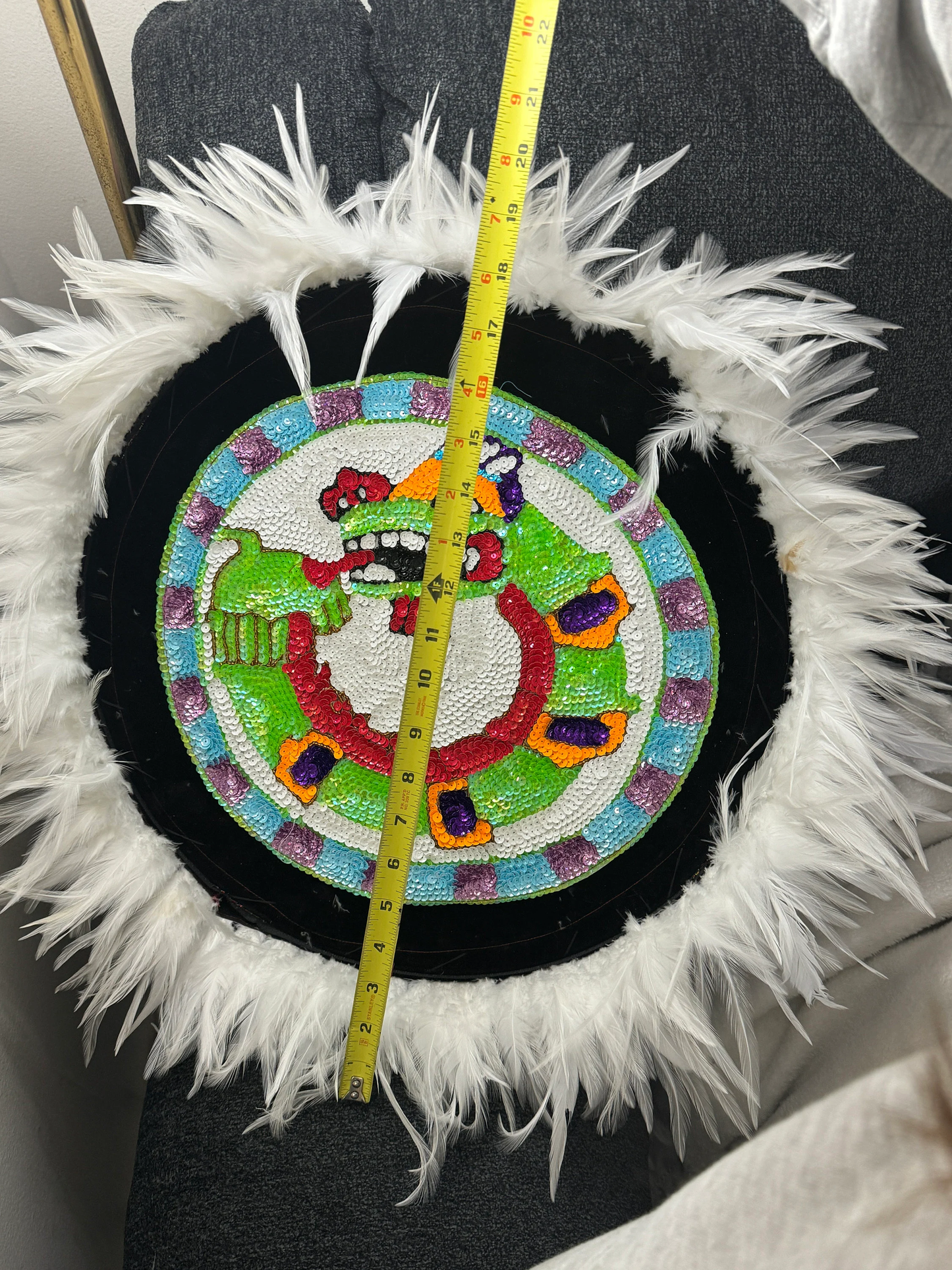 Chimalli Quetzalcoatl Azteca Danza Shield, Embroidered, Sequins, Kukulkan Mayan Plumed Serpent, Feathered Serpent Pow Wow, Mitotoliztli 20"