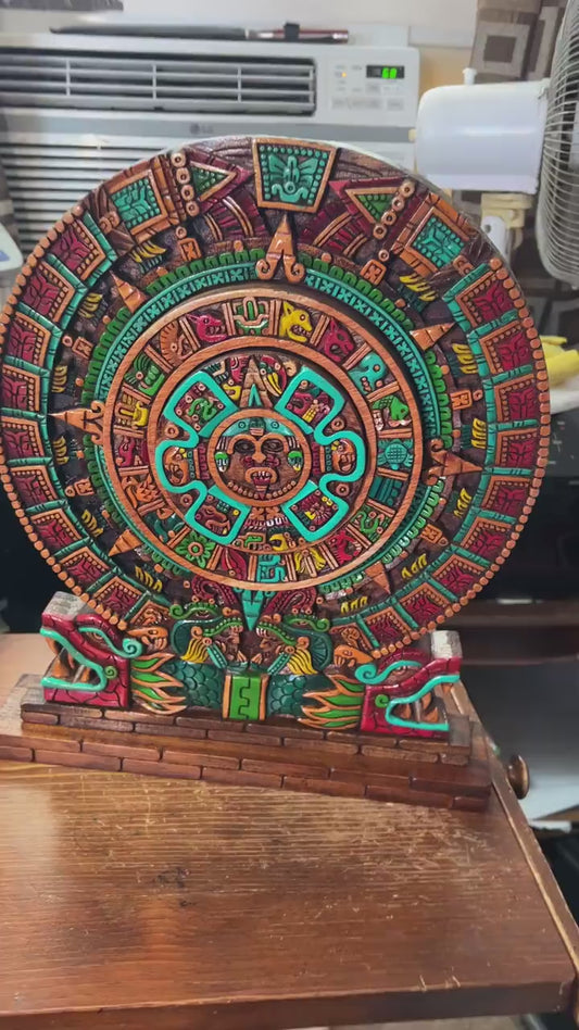 Moveable Aztec Calendar Carved Wood, Mexico, Cedar, Rare, Mexica Calendario, Tonatiuh, Quetzalcoatl, Art