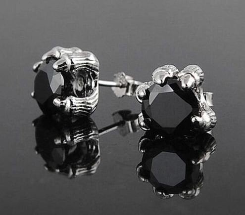 Aztec Mexican Eagle Dragon Quetzalcoatl Claw Sterling Silver Plated, Black Obsidian Stone Earring Set, Earrings, Studs, 925 (#5)