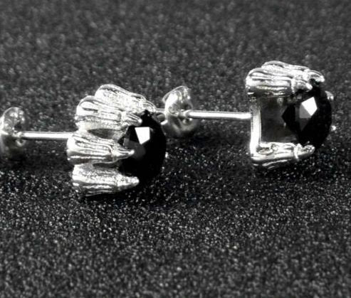 Aztec Mexican Eagle Dragon Quetzalcoatl Claw Sterling Silver Plated, Black Obsidian Stone Earring Set, Earrings, Studs, 925 (#5)