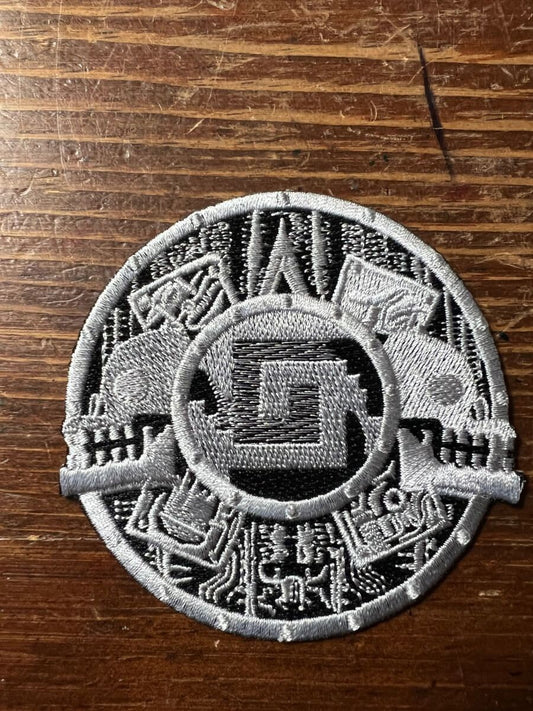 Mexica Aztec Shield Design Patch, Skulls, Black Silver, Nahui Ollin Olin Movement, iron-on patches