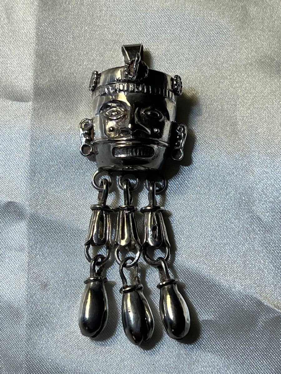 Aztec Or Mayan Vintage Xipe Toltec Sterling Silver Mexico Face Pendant with Articulating Bells, Rare, (3b)