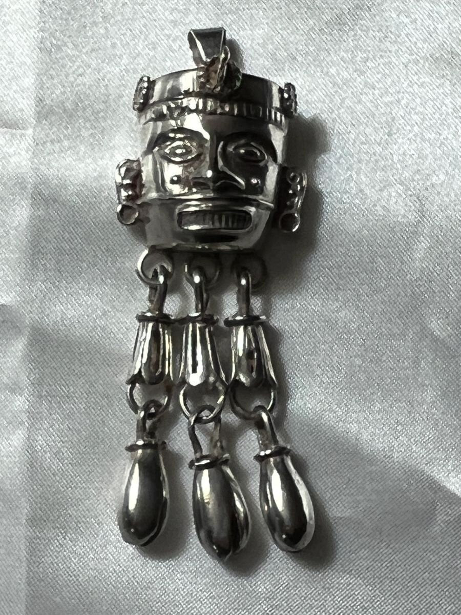 Aztec Or Mayan Vintage Xipe Toltec Sterling Silver Mexico Face Pendant with Articulating Bells, Rare, (3b)