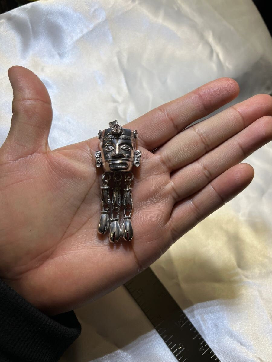 Aztec Or Mayan Vintage Xipe Toltec Sterling Silver Mexico Face Pendant with Articulating Bells, Rare, (3b)