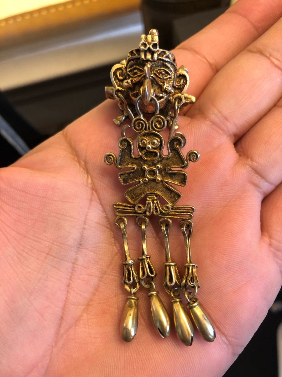 Sterling Silver Gold Plated Aztec Descending Eagle Warrior Cuauhtemoc ornament reproduction jewelry from the Mexica, Pre-Hispanic 3a