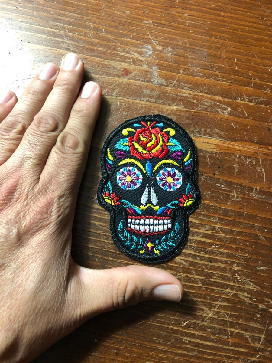 Small Embroidered Black Sugar Skull Day of the Dead Dia De Los Muertos with Rose iron on patches, patch, 3.5"