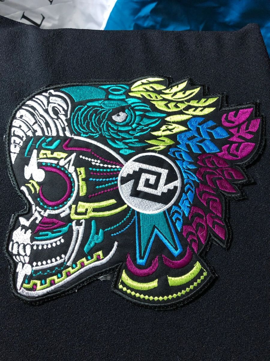 Large Aztec Eagle Warrior Skull Chimalli Shield Xicalcoliuhqui Patch 10x9" Aztec patches, mexica patches (7)