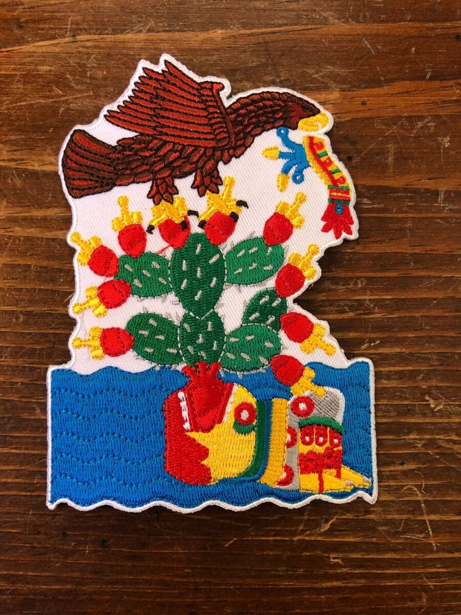 Foundation Eagle on Cactus with Atl-tlachinolli Symbol Patch, 5" Aztec, Azteca, Mexico, Mexica - water-fire symbol, iron-on, patches
