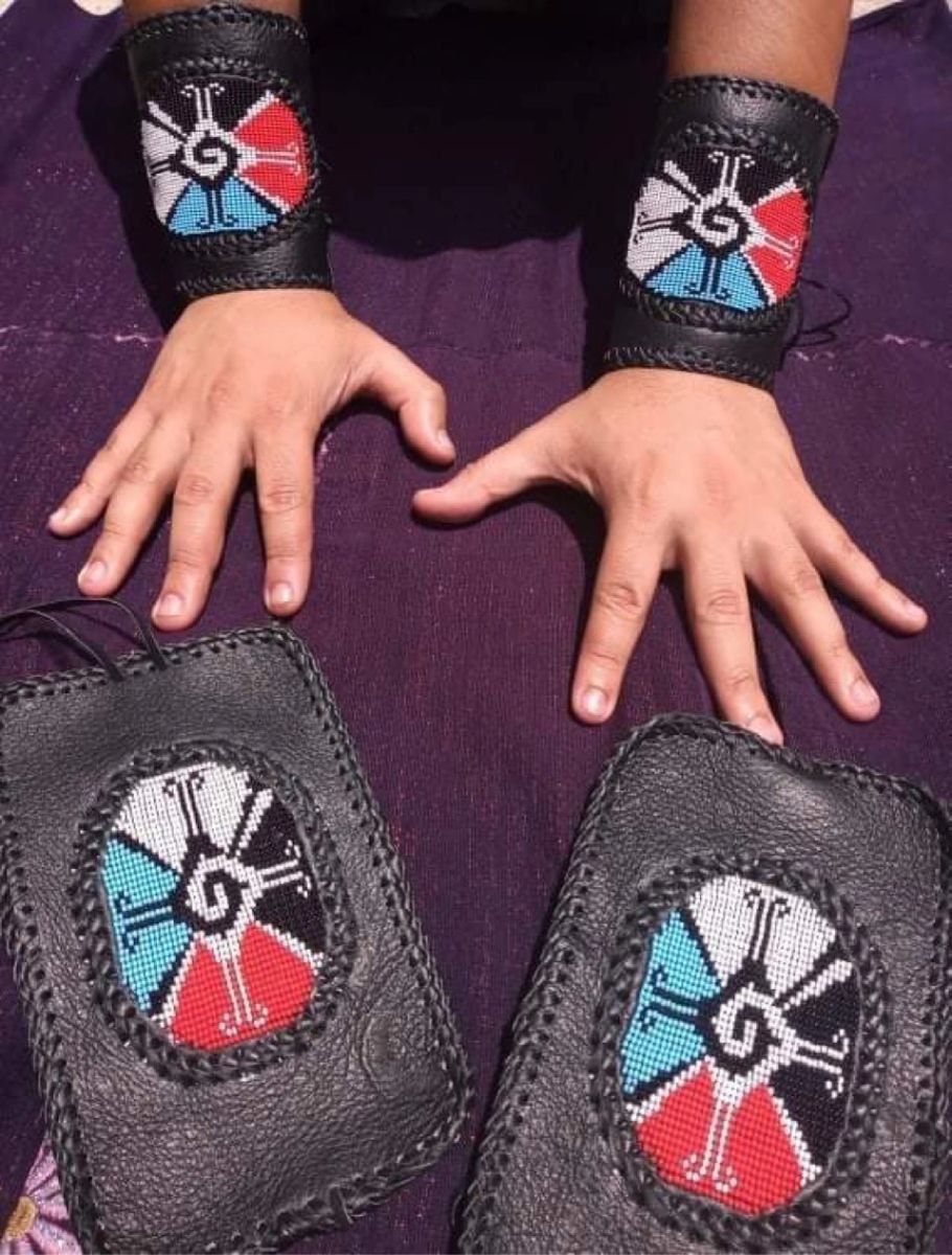 Mexica Tribe Azteca Danzante Leather Beaded Cuffs, Bracelets, Ometeotle Hunab Ku Mexica Colors, 7.5"x4.5"