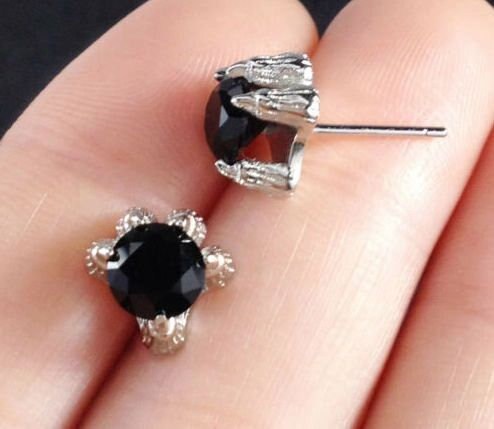 Aztec Mexican Eagle Dragon Quetzalcoatl Claw Sterling Silver Plated, Black Obsidian Stone Earring Set, Earrings, Studs, 925 (#5)