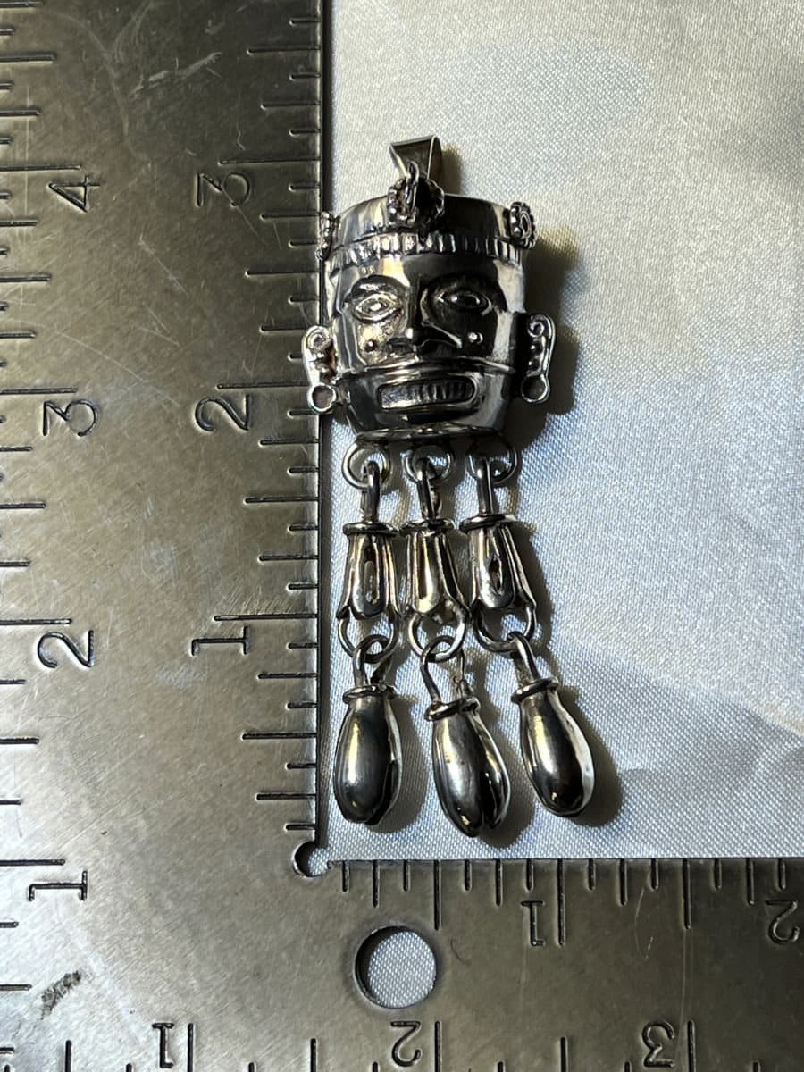 Aztec Or Mayan Vintage Xipe Toltec Sterling Silver Mexico Face Pendant with Articulating Bells, Rare, (3b)