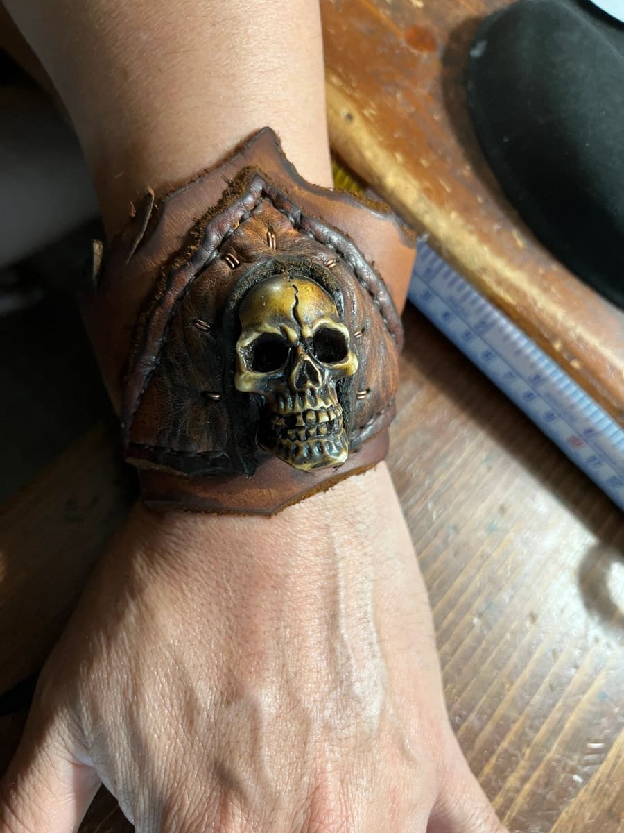 Leather Cuff Bracelet with Skull, Mens, handmade by indigenous people of Mexico