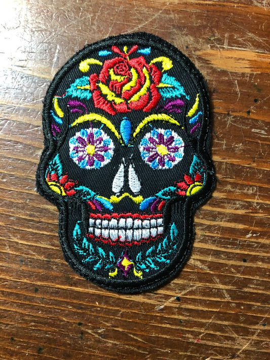 Small Embroidered Black Sugar Skull Day of the Dead Dia De Los Muertos with Rose iron on patches, patch, 3.5"