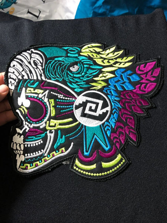 Large Aztec Eagle Warrior Skull Chimalli Shield Xicalcoliuhqui Patch 10x9" Aztec patches, mexica patches (7)