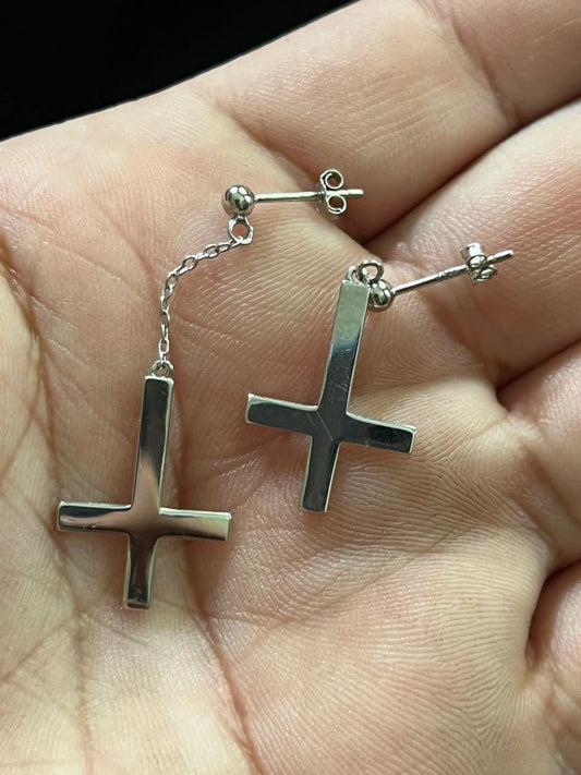 Inverted Crosses, Earrings Sterling Silver, Anti-Religion, Pagan, St. Peter's Cross, Satanic (#1a)