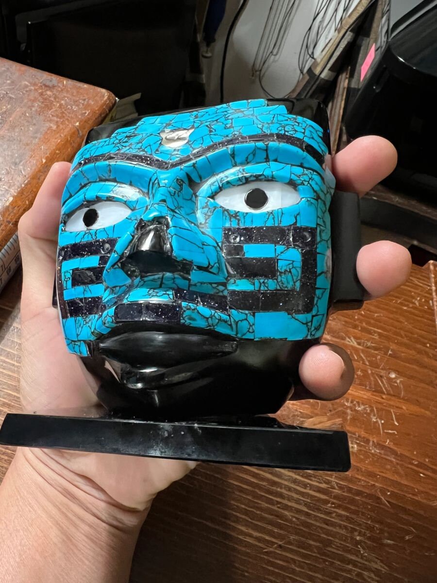 Aztec Death Mask, Obsidian, Turquoise, Mother of Pearl, Rare, Mexico