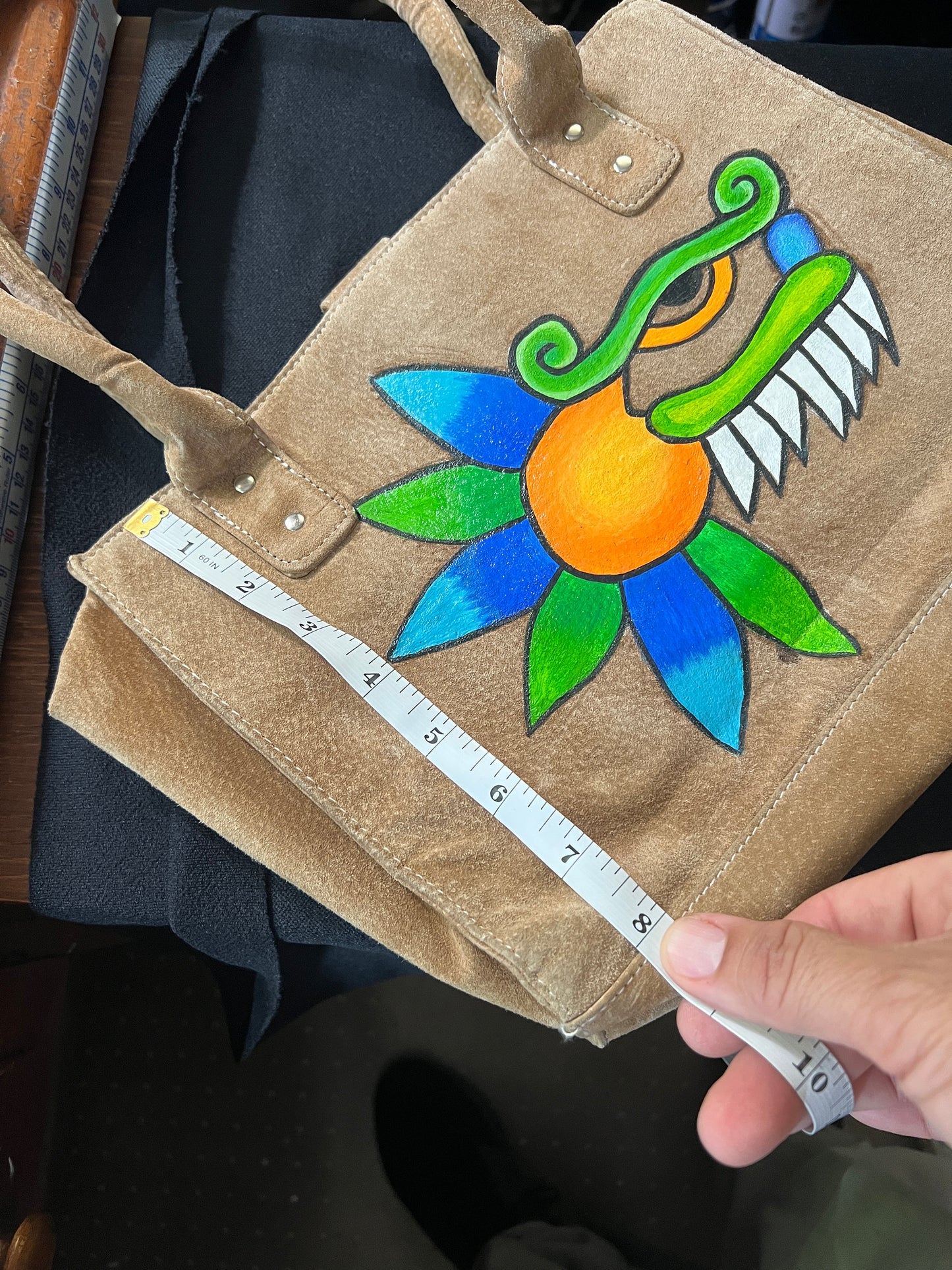 Suade Leather Aztec Quetzalcaotl Feathed Serpent Purse, Mexica, Azteca, Ancient Mexican