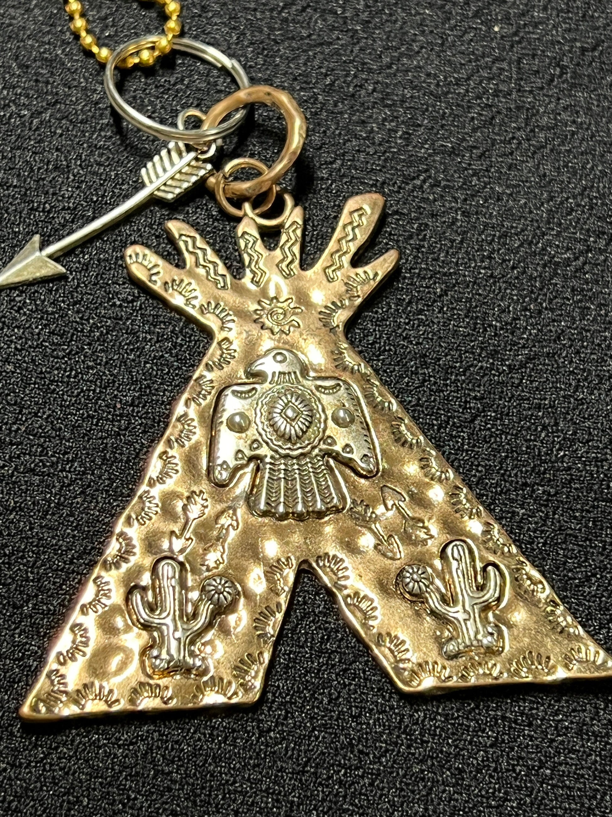 Native American Pendant, Tee-Pee, Thunderbird, Cactus, Arrows, Brass, Vintage