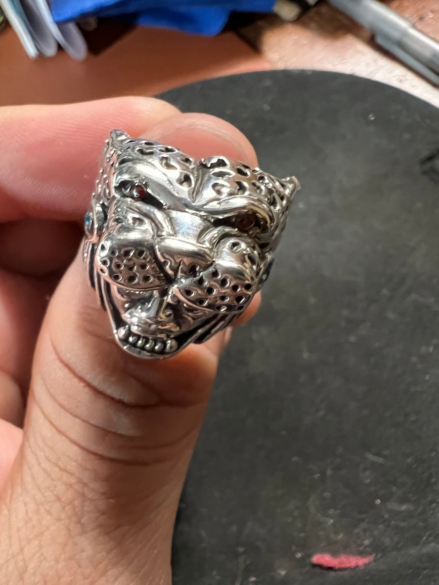 Jaguar Warrior Ring, Azteca, Maya, Sterling Silver, Size 11, with Red and Agua Marina Zirconia from Mexico (#0)