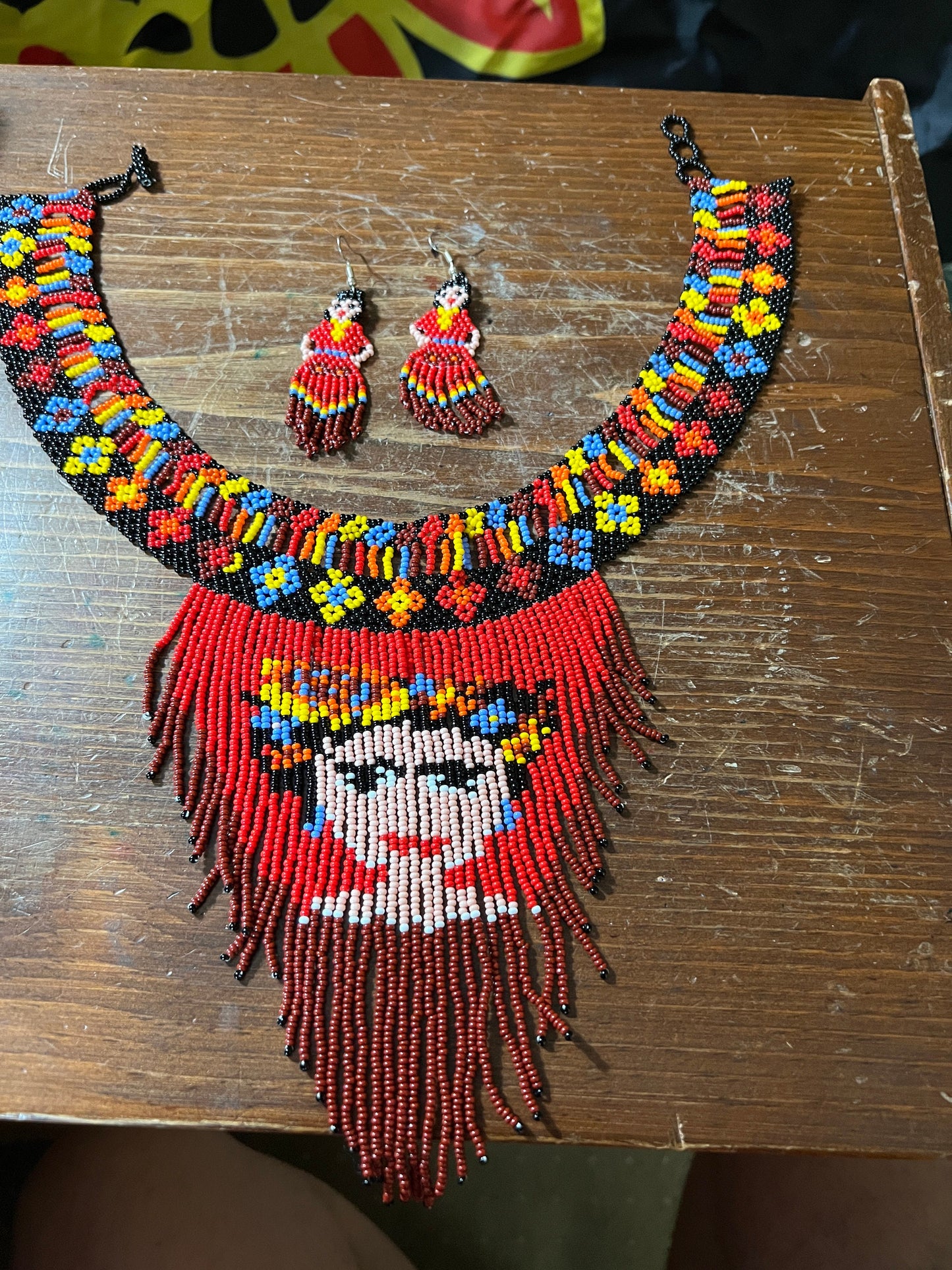 Beautiful Detailed Beaded Necklace and Earrings of Mexican Woman, Girl, Frida, Mexicana, Chicana, from Mexico